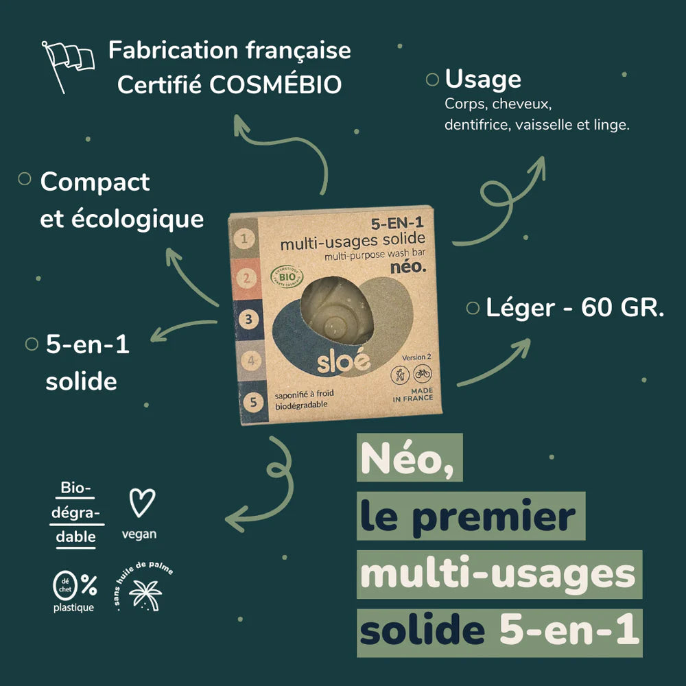 Savon solide multi-usages 5-en-1 – Néo | Corps, cheveux, dents, linge & vaisselle